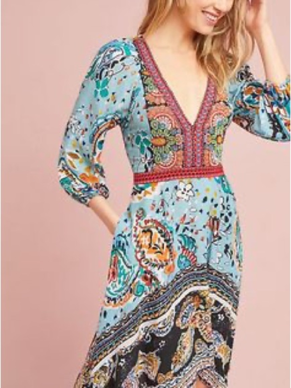 Anthropologie x Akemi Kin S Beaded Paisley Floral Flowy Boho Midi Embroidery